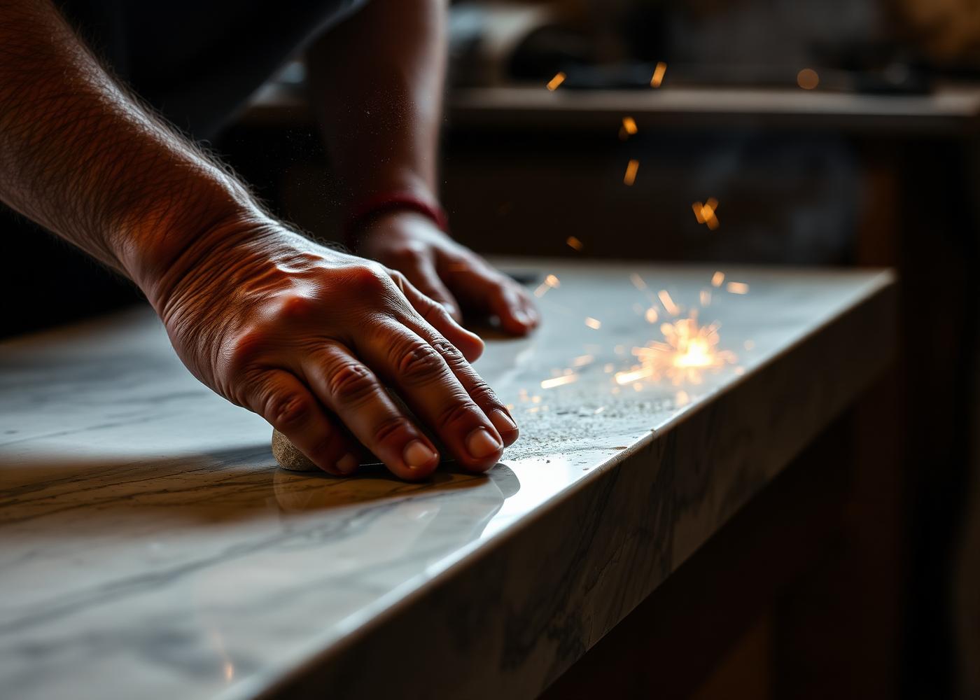 Stonemason hand-finishing a marble edge